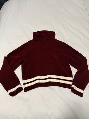 Forever 21 Burgundy Turtleneck Sweater with Ivory Stripe Accents
